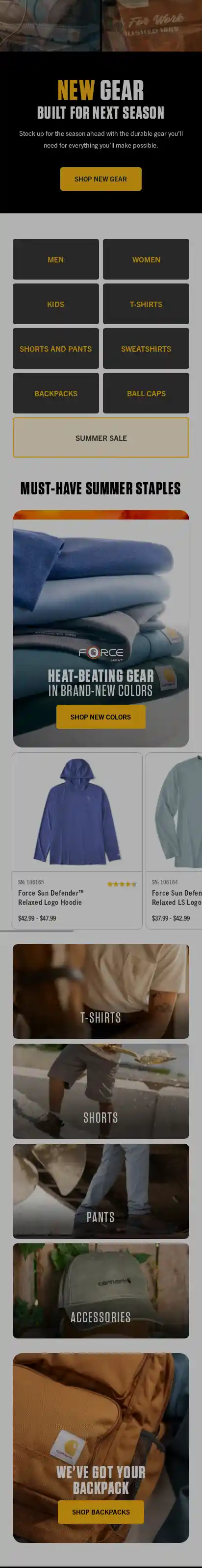 Full-page screenshot of the carhartt.com homepage as rendered on a phone