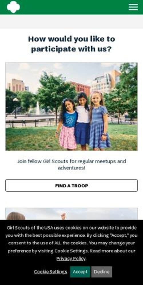 The mygs.girlscouts.org homepage as it renders on a phone