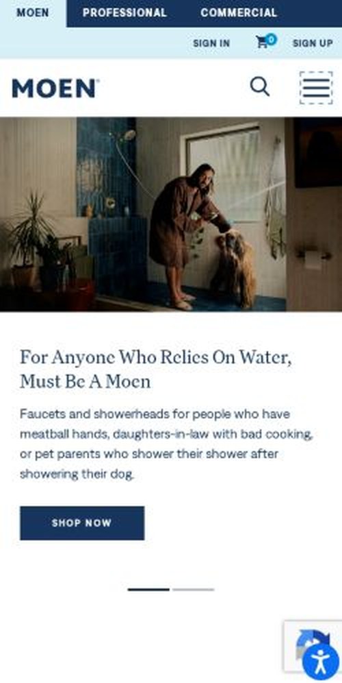 The moen.com homepage as it renders on a phone