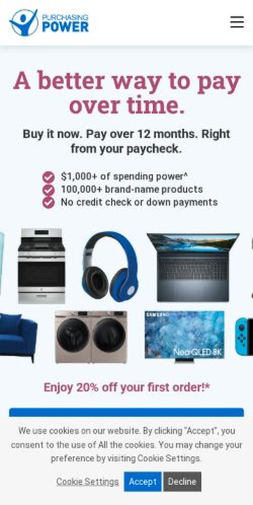The purchasingpower.com homepage as it renders on a phone