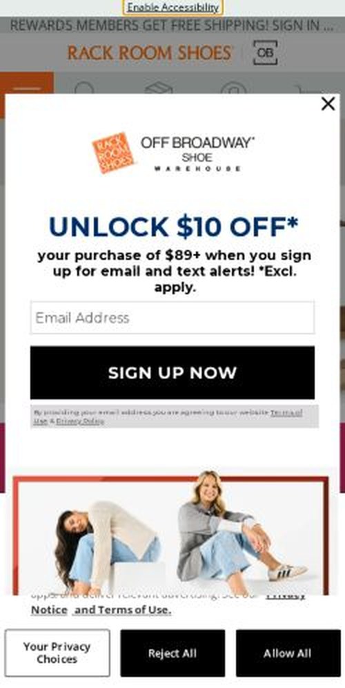 The rackroomshoes.com homepage as it renders on a phone