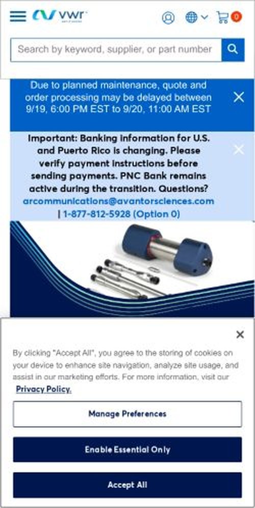 The us.vwr.com homepage as it renders on a phone